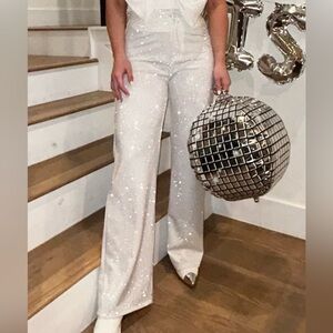 Womens White Pants Silver Sequin